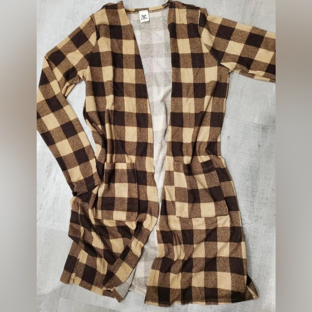 Brown and tan Buffalo plaid cardigan